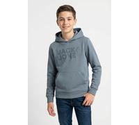 Kapuzensweatshirt JACK & JONES JUNIOR "JJECORP mit Druck, Kängurutasche, pflegeleicht", Jungen, Gr. 128, grau (blau mirage print:big tonal), angeraute Sweatware, Obermaterial: 70% Baumwolle, 30% Polye