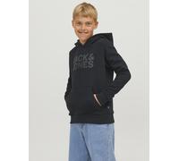 Kapuzensweatshirt JACK & JONES JUNIOR "JJECORP mit Druck, Kängurutasche, pflegeleicht", Jungen, Gr. 128, schwarz, angeraute Sweatware, Obermaterial: 70% Baumwolle, 30% Polyester, bedruckt, regular fit