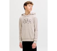 Kapuzensweatshirt JACK & JONES JUNIOR "JJEJEFF LOGO SWEAT HOOD JNR", Herren, Gr. 128, moonbeam, angeraute Sweatware, Obermaterial: 70% Baumwolle, 30% Polyester, bedruckt, loose fit, Rundhals, Rippbünd