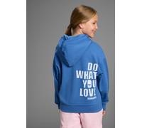 Kapuzensweatshirt KANGAROOS "Hoodie mit Rückenprint", Mädchen, Gr. 152/158, blau, angeraute Sweatware, Obermaterial: 100% Baumwolle. Kapuzenfutter: 100% Baumwolle, bedruckt, lässig geschnitten hüftlan