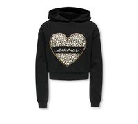 Kapuzensweatshirt KIDS ONLY "KOGCOOPER LIFE HEART LS HOODIE SWT NOOS", Mädchen, Gr. 110/116, schwarz (schwarz print:amour, leo heart), Sweatware, Obermaterial: 60% Baumwolle, 40% Polyester, bedruckt,