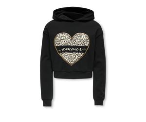 Kapuzensweatshirt KIDS ONLY "KOGCOOPER LIFE HEART LS HOODIE SWT NOOS", Mädchen, Gr. 110/116, schwarz (schwarz print:amour, leo heart), Sweatware, Obermaterial: 60% Baumwolle, 40% Polyester, bedruckt, 
