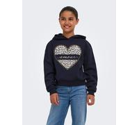 Kapuzensweatshirt KIDS ONLY "KOGCOOPER LIFE HEART LS HOODIE SWT NOOS", Mädchen, Gr. 134/140, blau (night sky print:amour, leo heart), Sweatware, Obermaterial: 60% Baumwolle, 40% Polyester, bedruckt, u
