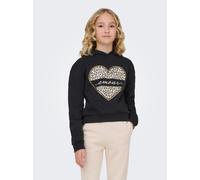 Kapuzensweatshirt KIDS ONLY "KOGCOOPER LIFE HEART LS HOODIE SWT NOOS", Mädchen, Gr. 146/152, schwarz (schwarz print:amour, leo heart), Sweatware, Obermaterial: 60% Baumwolle, 40% Polyester, bedruckt,