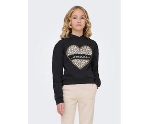 Kapuzensweatshirt KIDS ONLY "KOGCOOPER LIFE HEART LS HOODIE SWT NOOS", Mädchen, Gr. 146/152, schwarz (schwarz print:amour, leo heart), Sweatware, Obermaterial: 60% Baumwolle, 40% Polyester, bedruckt,