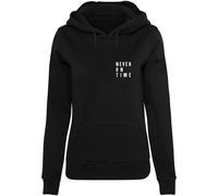 Kapuzensweatshirt MISTERTEE "MisterTee Damen Ladies Never On Time Hoody", Damen, Gr. M, schwarz, 65% Baumwolle, 35% Polyester, mehrfarbig, normal, ohne Ausschnitt, Sweatshirts (13083847-M) schwarz