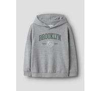 Kapuzensweatshirt NAME IT "NKMNEWI LS NREG SWEAT WH BRU", Jungen, Gr. 134/140, grau (grau melange), Sweatware, Obermaterial: 100% Baumwolle, bedruckt, normal, Rippbündchen, Sweatshirts (79574569-134)