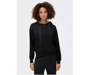 Kapuzensweatshirt ONLY "ONLALINA LIFE LEO DETAIL HOOD BOX SWT", Damen, Gr. XS, schwarz detail:schwarz strings, jose leo hood lining, Sweatware, Obermaterial: 93% Polyester, 7% Elasthan, unifarben, reg