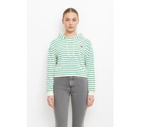 Kapuzensweatshirt PIECES "PCCHILLI LS HOODIE STRIPES EMB NOOS BC", Damen, Gr. S, weiß (cloud dancer stripes:parakeet, heart emb), Sweatware, Obermaterial: 50% Baumwolle, 50% Polyester, bedruckt, gestr