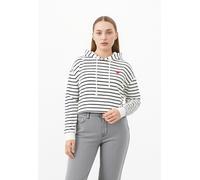 Kapuzensweatshirt PIECES "PCCHILLI LS HOODIE STRIPES EMB NOOS BC", Damen, Gr. XS, weiß (cloud dancer stripes:schwarz, heart emb), Sweatware, Obermaterial: 50% Baumwolle, 50% Polyester, bedruckt, gestr