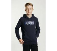 Kapuzensweatshirt PUMA "ESS LOGO LAB STORY 2 HOODIE TR B", Jungen, Gr. 128, blau (new navy), Sweatware, Obermaterial: 68% Baumwolle, 32% Polyester, bedruckt, regular fit normal, angesetztes Bündchen,