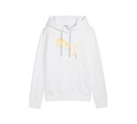 Kapuzensweatshirt PUMA "ESS METALLIC HOODIE FL", Damen, Gr. S, weiß (puma weiß, metallic gold), Fleece, Obermaterial: 68% Baumwolle, 32% Polyester, bedruckt, regular fit normal, Rundhals, Sweatshirts,