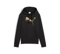 Kapuzensweatshirt PUMA "ESS METALLIC HOODIE FL", Damen, Gr. XL, puma schwarz, metallic gold, Fleece, Obermaterial: 68% Baumwolle, 32% Polyester, unifarben, regular fit normal, Rundhals, angesetztes Bü