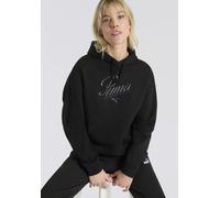 Kapuzensweatshirt PUMA "ESS SCRIPT COMFORT HOODIE FL", Damen, Gr. L, schwarz (puma schwarz), Fleece, Obermaterial: 68% Baumwolle, 32% Polyester, bedruckt, comfort fit normal, Rundhals, angesetztes Bün