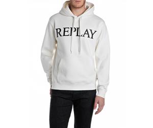 Kapuzensweatshirt REPLAY, Herren, Gr. L, weiß (natural weiß), Sweatware, Obermaterial: 80% Baumwolle, 20% Polyester, bedruckt, angesetztes Bündchen, Sweatshirts, mit großem Markenprint vorn (54866603-