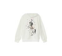 Kapuzensweatshirt S.OLIVER JUNIOR, Mädchen, Gr. 140, weiß (sanftes weiß), Sweatware, Obermaterial: 95% Baumwolle, 5% Elasthan, bedruckt, regular fit normal, Rundhals, Rippbündchen, Sweatshirts Kapuzen