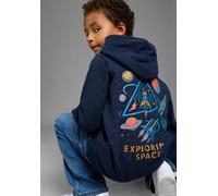 Kapuzensweatshirt SCOUT "Hoodie mit Front- und Rückendruck - NEU von SCOUT", Jungen, Gr. 116/122, blau (marine), angeraute Sweatware, Obermaterial: 100% Baumwolle, bedruckt, Basic hüftbedeckend, Rippb