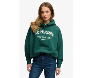 Kapuzensweatshirt SUPERDRY "Luxe Casual Emb Relaxed Hood", Damen, Gr. S, pine grün, Sweatware, Obermaterial: 100% Baumwolle, bedruckt, normal, Rundhals, Rippbündchen, Sweatshirts, Baumwolle, oversize