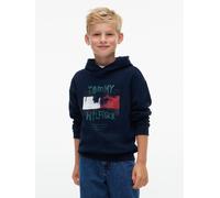 Kapuzensweatshirt TOMMY HILFIGER "FLAG GRAFITTI", Jungen, Gr. 4 (104), blau (dunkelblau), Sweatware, Obermaterial: 80% Baumwolle, 20% Polyester, unifarben, regular fit normal, Rundhals, Bündchen, Swea