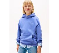 Kapuzensweatshirt TOMMY HILFIGER "MINI CORP HOODIE", Mädchen, Gr. 4 (104), soft sapphire, Sweatware, Obermaterial: 80% Baumwolle, 20% Polyester, unifarben, regular fit normal, Rundhals, eingesetzt Rip