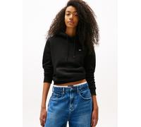 Hoodie TOMMY JEANS "TJW REG S FLAG HOODIE", Damen, Gr. XXS (32), schwarz, Sweatware, Obermaterial: 80% Baumwolle, 20% Polyester, unifarben, casual, regular fit kurz, Langarm Rippbündchen, Sweatshirts,