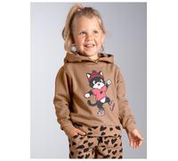 Kapuzensweatshirt TRIGEMA "TRIGEMA Hoodie mit Katzenmotiv und Herz Akzenten", Mädchen, Gr. 104, braun (haselnuss), Sweatware, 50% Baumwolle, 50% Polyester, Basic, ohne Ausschnitt, Sweatshirts (6988363