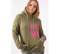 Kapuzensweatshirt ZWILLINGSHERZ, Damen, Gr. L/XL, grün (khaki), Sweatware, Obermaterial: 50% Baumwolle, 50% Polyester, unifarben, normal hüftlang, V-Ausschnitt, Sweatshirts, mit gesticktem Neon Herz a