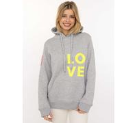 Kapuzensweatshirt ZWILLINGSHERZ, Damen, Gr. L/XL (L/XL), grau (hellgrau, melange), Sweatware, Obermaterial: 50% Baumwolle, 50% Polyester, unifarben mit Farbeinsatz, normal hüftlang, V-Ausschnitt, Swea