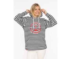 Kapuzensweatshirt ZWILLINGSHERZ "Streifen Strandglück", Damen, Gr. S/M, blau (marine), angeraute Sweatware, Obermaterial: 50% Baumwolle, 50% Polyester, mehrfarbig, Sweatshirts, gestreift, Stickererei