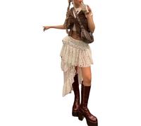 KarFri Damen Spitze Kurz Rock Y2k Steampunk Gothic Minirock Sommer Asymmetrisch Rüschen Faltenrock Streetwear, beige, 44