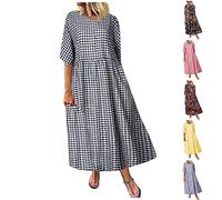 Kariert Kleid Damen Sale Baumwolle Leinen Kleider Damen Sommerkleid Elegant Rundhals-Ausschnitt Kurzarm Lang Strandkleid Elegante A Linie Maxikleid Leicht und Luftig Freizeitkleid Große Größe