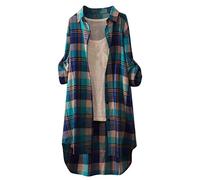 Karierte Bluse Damen Lang - Leinenhemd Damen Knopfleiste Hemd Casual Lose Frühling Sommer Leinenbluse Longbluse Blusenshirt Oberteile Tunika Große Größen Tops T-Shirts & Blusen für Frauen