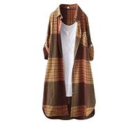 Karierte Bluse Damen Lang - Leinenhemd Damen Knopfleiste Hemd Casual Lose Frühling Sommer Leinenbluse Longbluse Blusenshirt Oberteile Tunika Große Größen Tops T-Shirts & Blusen für Frauen