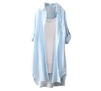 Karierte Bluse Damen Lang - Leinenhemd Damen Knopfleiste Hemd Casual Lose Frühling Sommer Leinenbluse Longbluse Blusenshirt Oberteile Tunika Große Größen Tops T-Shirts & Blusen für Frauen