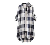 Karierte Bluse Damen Lang - Leinenhemd Damen Knopfleiste Hemd Casual Lose Frühling Sommer Leinenbluse Longbluse Blusenshirt Oberteile Tunika Große Größen Tops T-Shirts & Blusen für Frauen