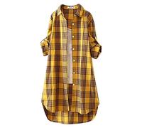 Karierte Bluse Damen Lang - Leinenhemd Damen Knopfleiste Hemd T Shirt Casual Lose Frühling Sommer Leinenbluse Longbluse Blusenshirt Oberteile Tunika Große Größen Tops Blusen & Tuniken für Frauen