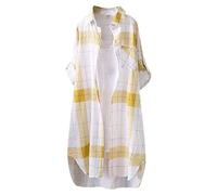 Karierte Bluse Damen Lang - Leinenhemd Damen Knopfleiste Hemd T Shirt Casual Lose Frühling Sommer Leinenbluse Longbluse Blusenshirt Oberteile Tunika Große Größen Tops Blusen & Tuniken für Frauen