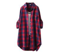 Karierte Bluse Damen Lang - T Shirt Damen Longshirt Knopfleiste Hemd Casual Lose Frühling Sommer Longbluse Blusenshirt Oberteile Tunika Große Größen Tops T-Shirts & Blusen für Frauen