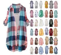 Karierte Bluse Damen Oversize Langarm Shirt Lang Knopfleiste Hemd Lose Frühling Sommershirt Blusenshirt Oberteile Tunika Große Größen Tops T-Shirts & Blusen für Frauen Übergröße Longbluse