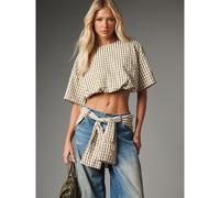 Karierte Crop-Bluse mit Boot-Ausschnitt, Kurzarm, boxy, oversized, gewebtes Top, Sommer, Festival, lässig, Alltagstil