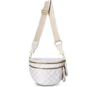 Karierte Crossbody-Gürteltasche, große Nylon-Schultertasche, Bauchtasche mit verstellbarem Schultergurt, Gürteltasche für Damen und Mädchen, Beige und Weiß, Leichtgewichtig
