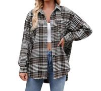 Karierte Hemdjacke Damen Lang - Holzfällerjacke Knopfleiste Shirtjacke Revers Strickjacke Langarm Sweatshirtjacke Zweifarbig College Jacke Oversize Y2K Sportjacke Leict Trainingsjacke