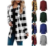 Karierte Herbstjacke Damen Große Größen, Hemdjacke Damen Kariert Übergangsjacke Elegant Strickjacke Langarm Damenjacken Revers Mantel Dünne Longstrickjacke Winter Cardigan Locker Sweatjacke 5Xl