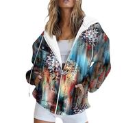 Karierte Jacke Damen Streifen Sweatshirt Oversize Sweatjacke Solid Übergangsjacke Pullover Herbst Hoodie Hoodies Blumenmuster (B Cyan,XXL)
