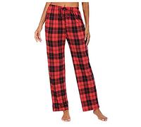 Karierte Pyjamahose Damen Lang Schlafhose Baggy Pyjama Hosen mit Taschen und Kordelzug Rote Karo Weites Bein Loungehose Schlafanzughose Freizeithose Yogahose Haushose für Frauen