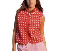 Karierte Sherpa-Weste für Damen, ärmellos, Winter-Fleecejacke, hoher Halsausschnitt, Reißverschluss, kariert, Weste mit Brusttasche, rot, L