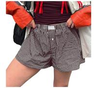Karierte Shorts Damen Sommer Kurze Hose Damen Schlafshorts Pyjama Shorts Damen Schlafhose Kurz mit Gummizug Mode Aesthetic Freizeithose Sportshorts Pyjamashorts Lounge Boxershorts Hotpants