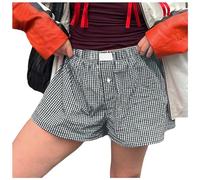 Karierte Shorts Damen Sommer Kurze Hose Schlafshorts Pyjama Shorts Schlafhose Kurz mit Gummizug Mode Aesthetic Freizeithose Sportshorts Pyjamashorts Lounge Boxershorts Hotpants für Frauen