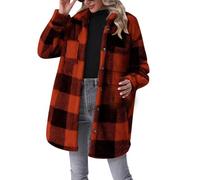 Karierte Winterjacke Damen | Plüschmantel Damen Lang Plüschjacke Vintage Mantel Parka Winter Warme Übergangsjacke Knopfleiste Revers Fleece Hemdjacke Plüschmantel Wintermantel Karierte-Fleecemantel