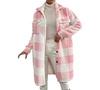 Karierte Winterjacke Damen | Plüschmantel Damen Lang Plüschjacke Vintage Mantel Parka Winter Warme Übergangsjacke Knopfleiste Revers Fleece Hemdjacke Plüschmantel Wintermantel Karierte-Fleecemantel